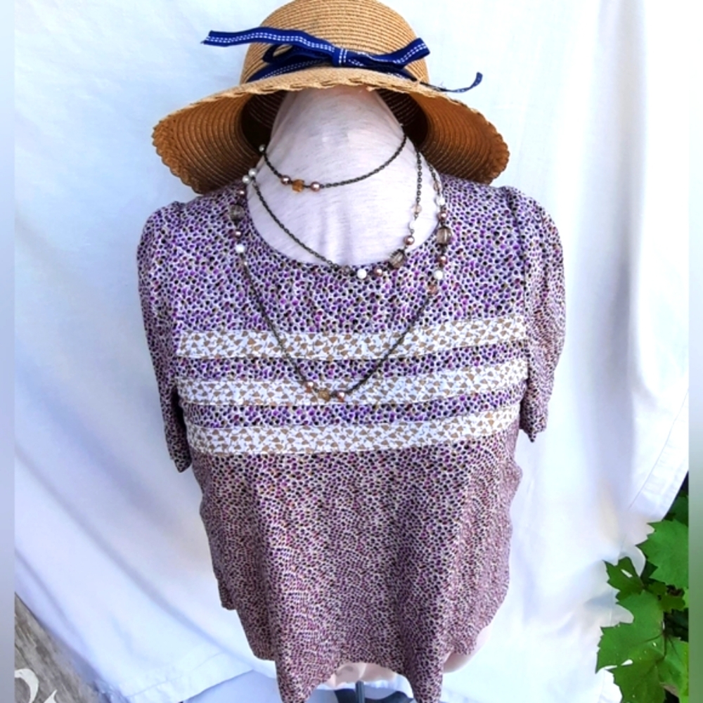 ISE Blouse, Short Sleeves, Purples, Pinks, Black, Beige & White, Top